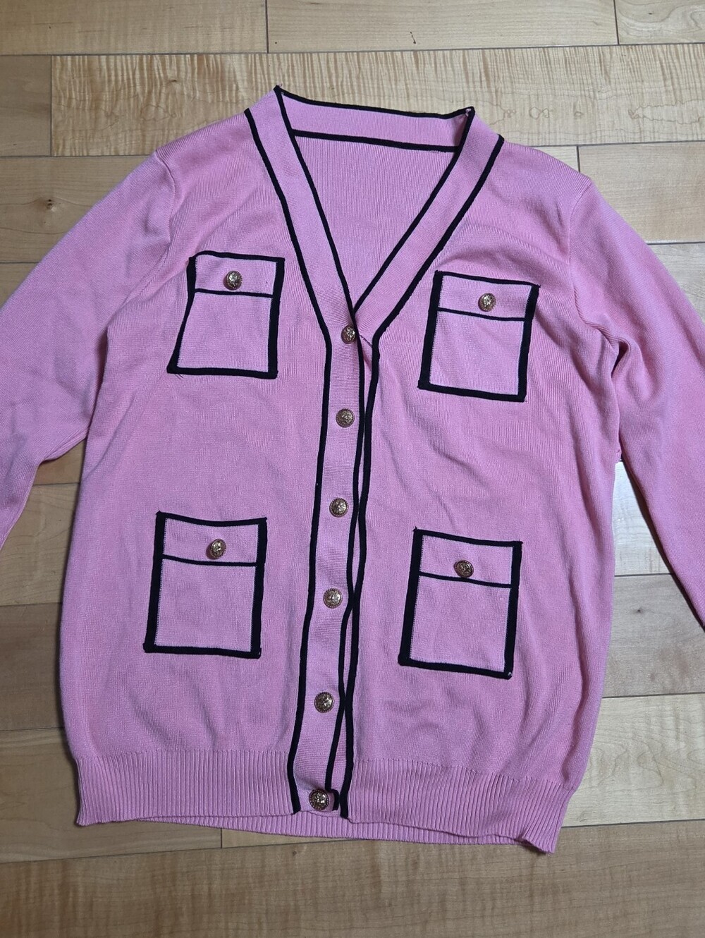 Vintage Inspired Pink Contrast Trim Gold Button Cardigan Sweater Preppy Chic M - Picture 2 of 5
